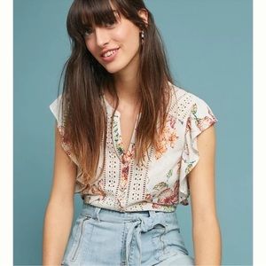 Anthropologie Maeve Flutter Sleeve Floral Lace Eyelet Button Down Top XS